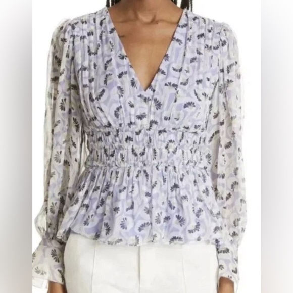 Rebecca Taylor Floral Silk Blouse Chiffon Peplum Bell Sleeve Size 2 Coquette - Picture 1 of 12